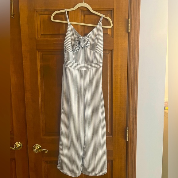 Pants - Size Small: Cream & blue striped jumpsuit with front tie. Mid-calf length.